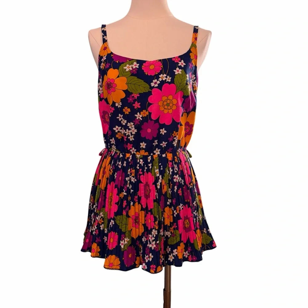 Sandcastle Vintage Floral Pleated Swim Dress Navy Pink Size 10 Retro Mod - Picture 2 of 16